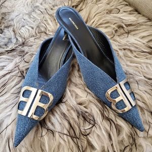 Balenciaga logo knife denim Pointed Toes Mules